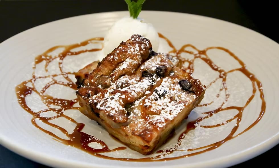 Banana chocolate chip bread pudding dessert at Bistro 22